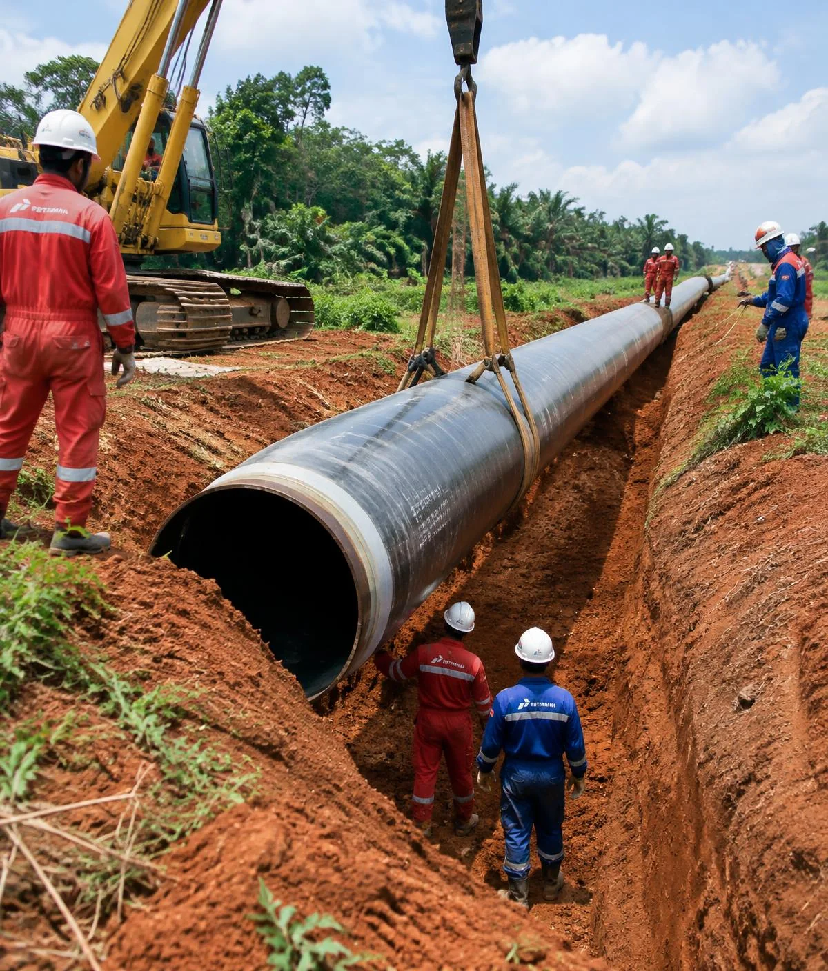 Cuadrilla instalando tubería en campo